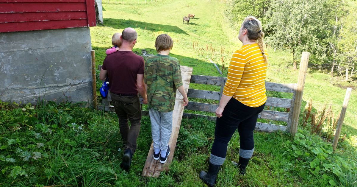 Bilde av far, sønn og mor med ryggen til fotografen.